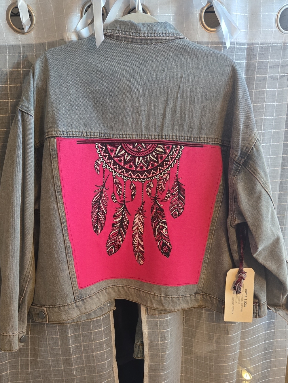 Savanna Jane Gray Denim Jacket with Hot Pink Dreamcatcher Panel